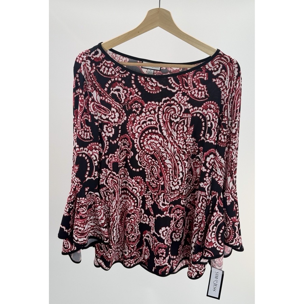 Sam and Jess Peacock Bell Sleeve Top Blouse Black Red Paisley Extra Large XL